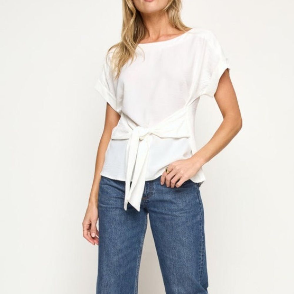 Club Monaco Blouse Top Womens Size S White Tie Waist Short Sleeve Crew Neck
